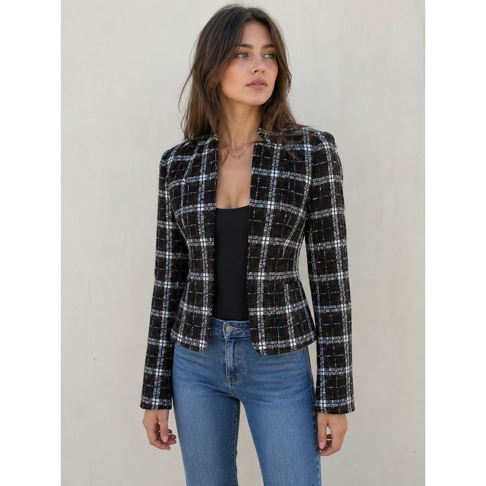 Jones New York Jacket 4P Black White Plaid Tweed Preppy Classic Parisian Chic